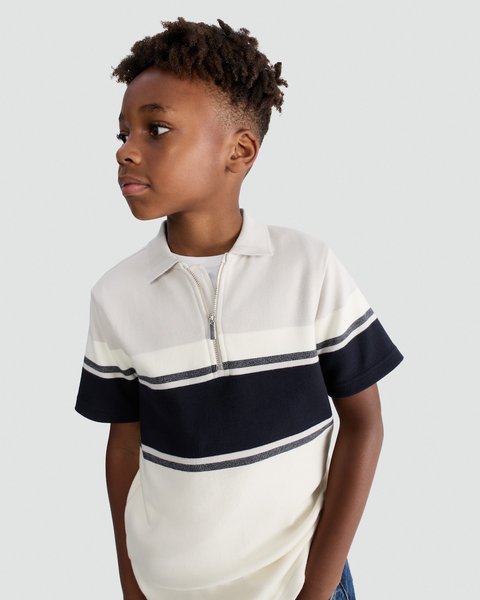 image 1 of F&F Boys Cotton Rich Colour Block Half Zip Polo Top in Med Nude