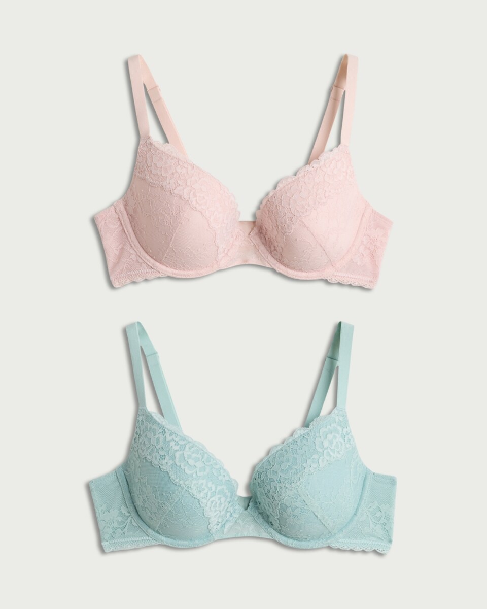 image 1 of F&F 2-Pack Lace Padded Wired Plunge Bras in Multi
