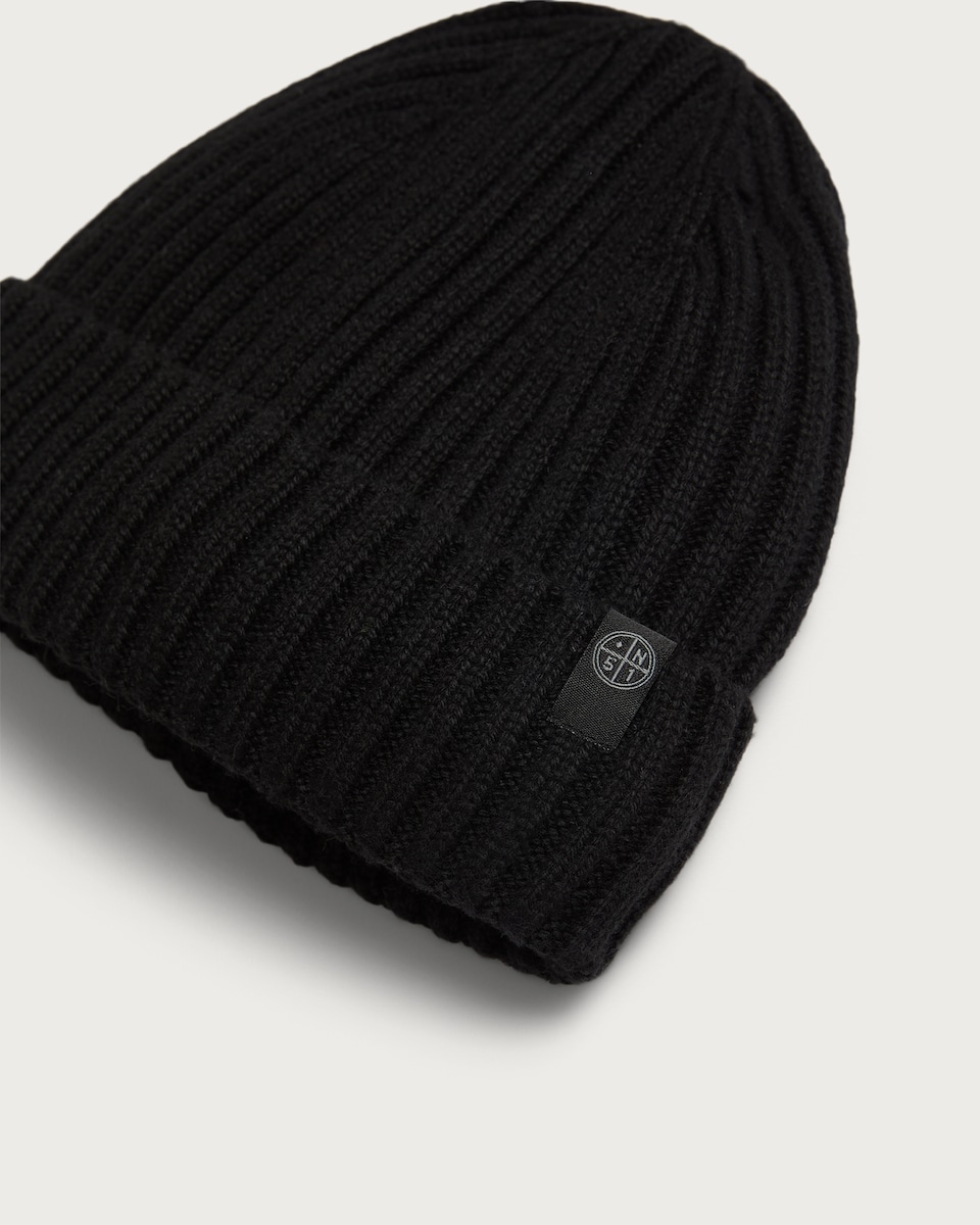 image 1 of F&F Fleece Lined Ribbed Knit Beanie Hat in Black