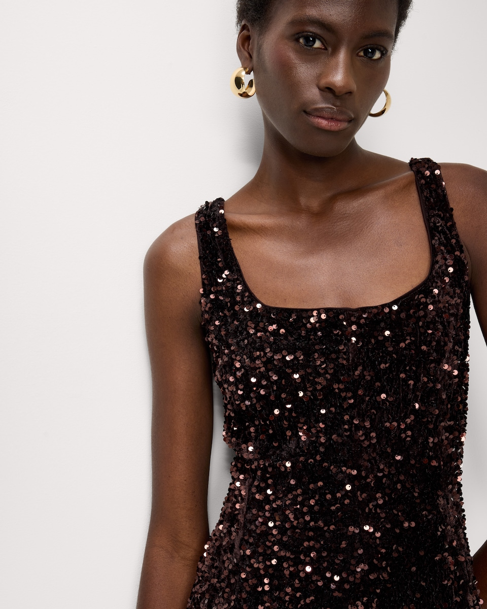 image 1 of F&F Velvet Sequin Square Neck Mini Dress in Chocolate