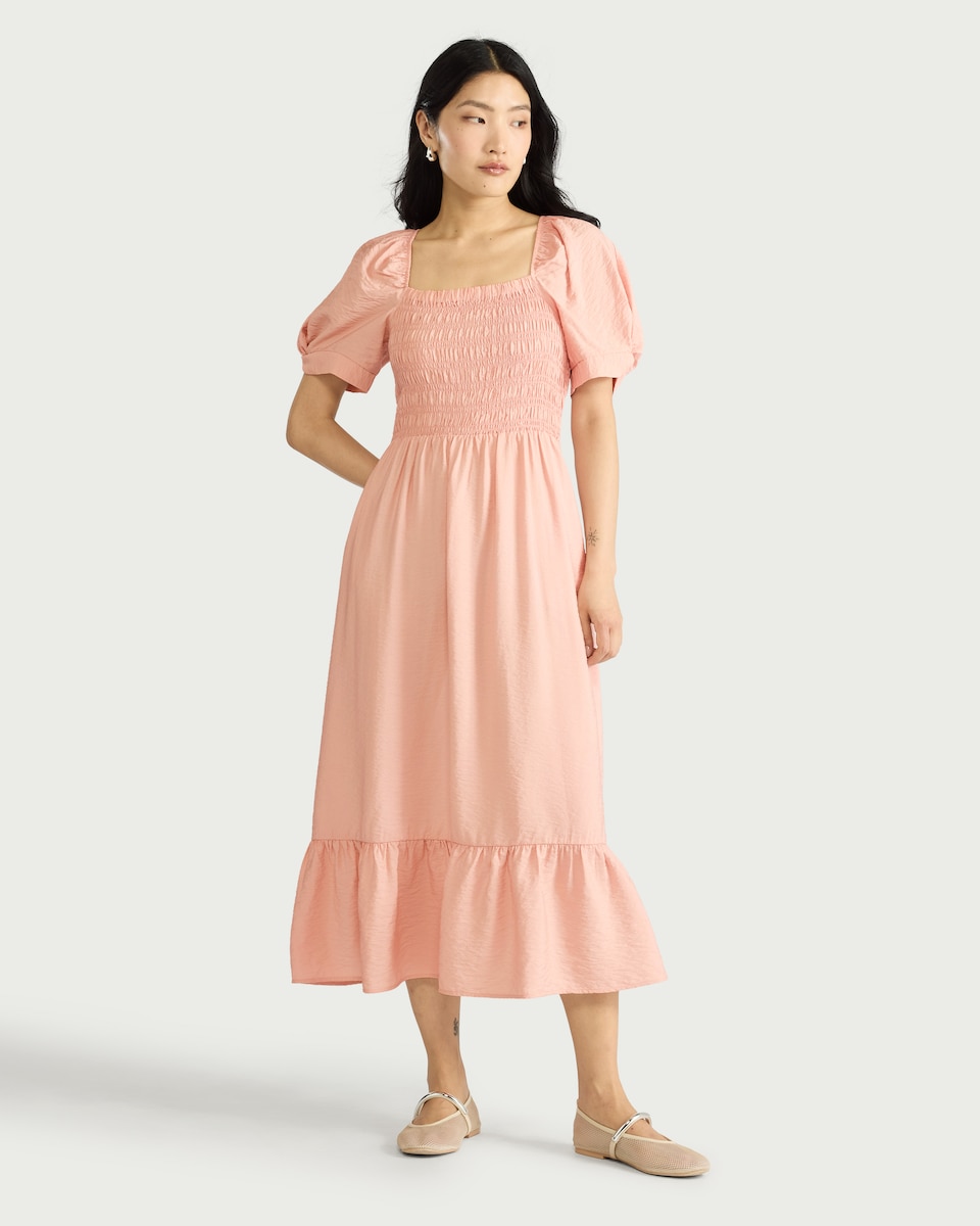 image 1 of F&F Shirred Puff Sleeved Midi Dress in Pink
