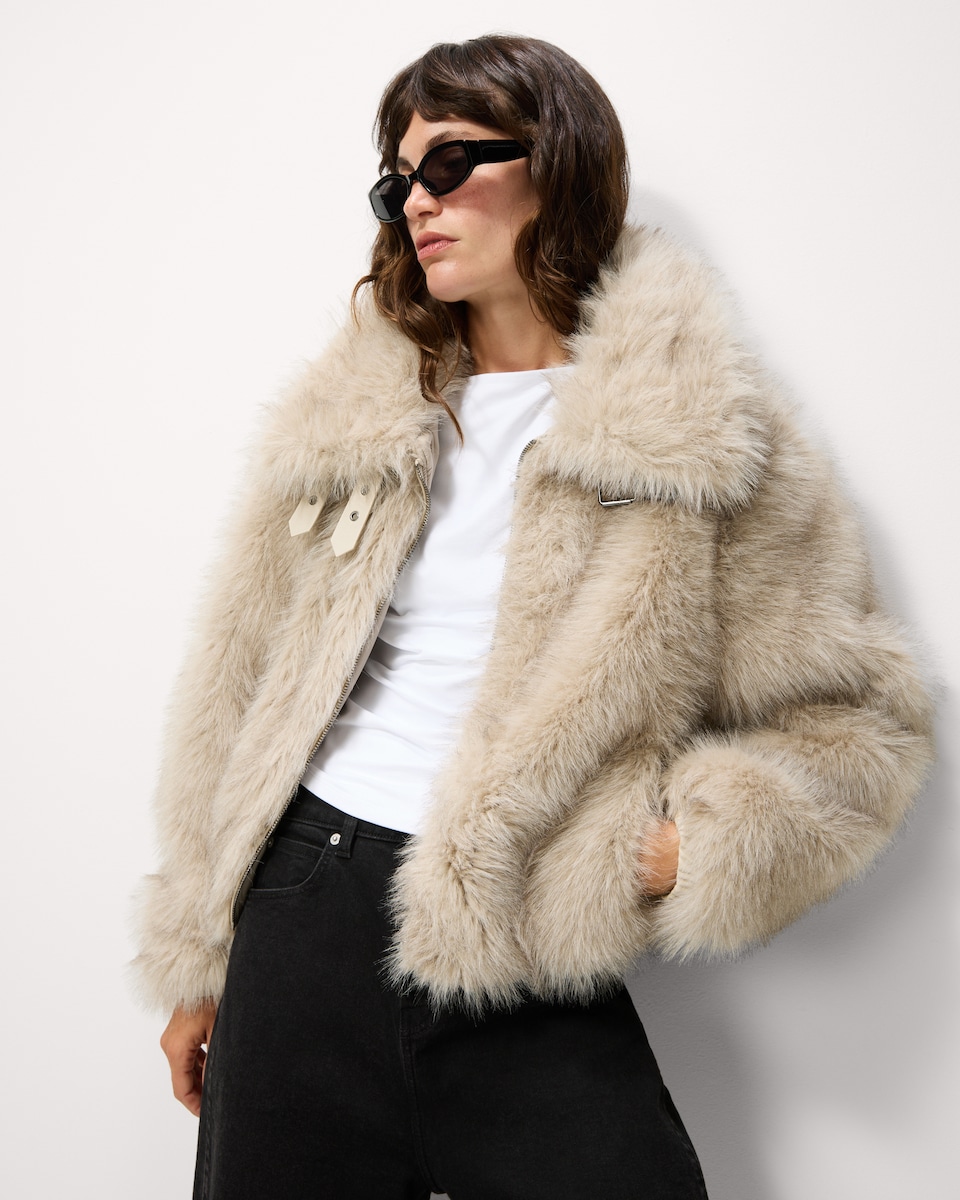 image 1 of F&F Faux Fur Aviator Jacket in Neutral