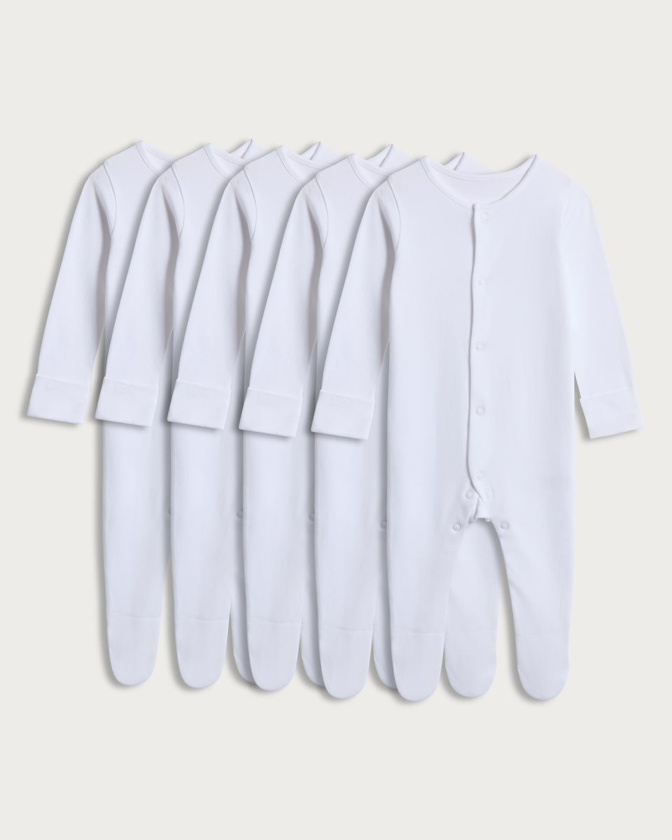 image 1 of F&F Baby 5-Pack Pure Cotton Long Sleeved Sleepsuits in White