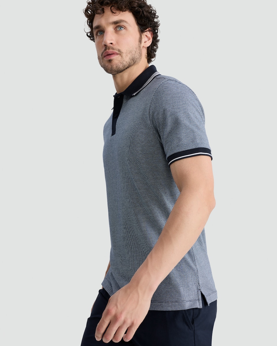image 1 of F&F Pure Cotton Textured Geometric Print Polo Shirt in Navy