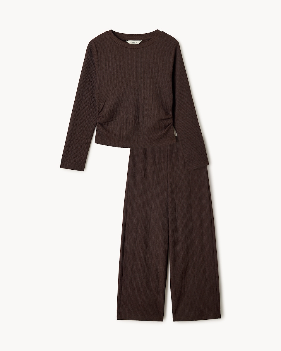 image 1 of F&F Girls Crinkle Textured Top and Trousers Set in Brown