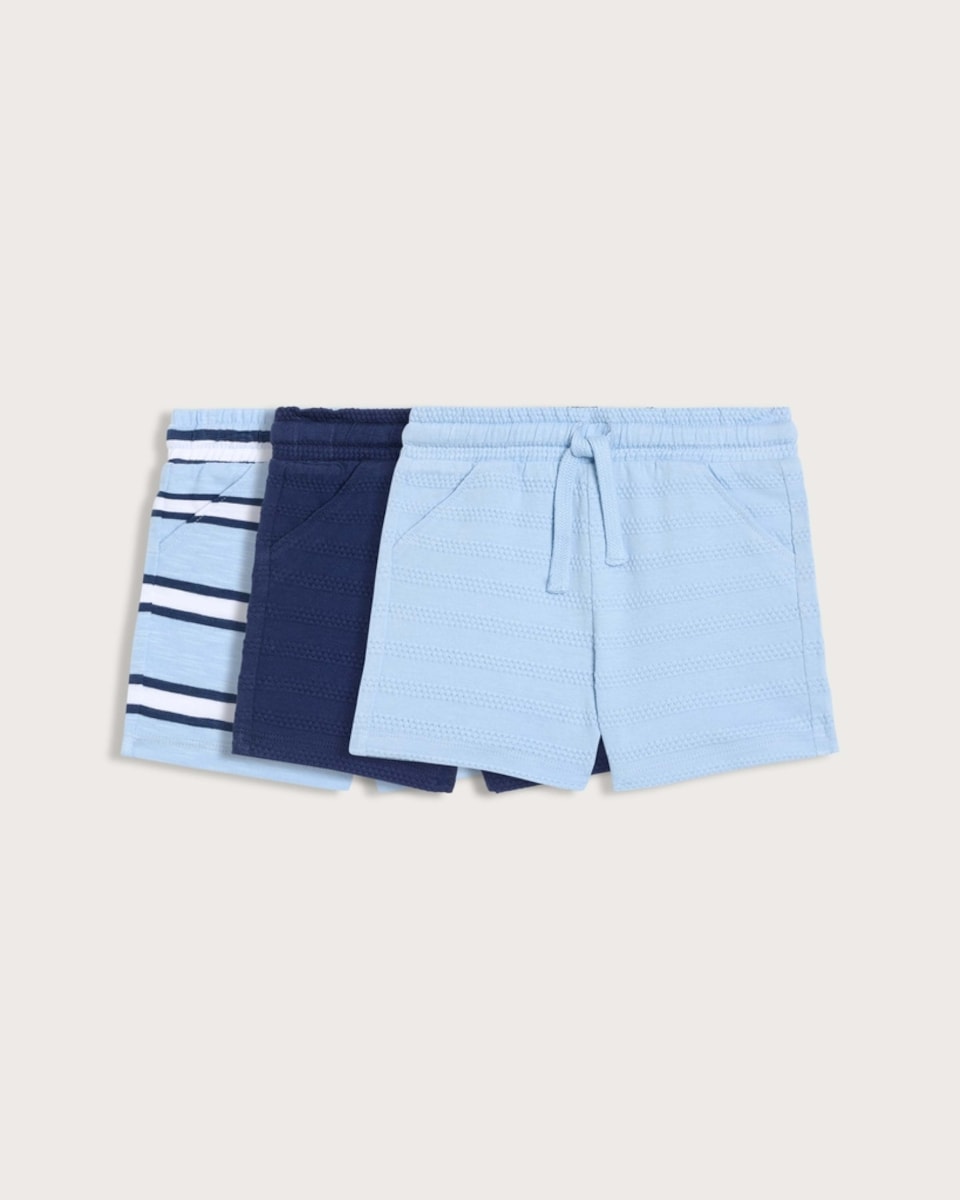 F&F Baby 3-Pack Pure Cotton Textured Stripe Drawstring Shorts in Blue