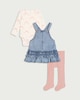 image 1 of F&F Baby 3-Piece Cotton Rich Ruffle Denim Pinny, Bodysuit and Tights Set in Blue