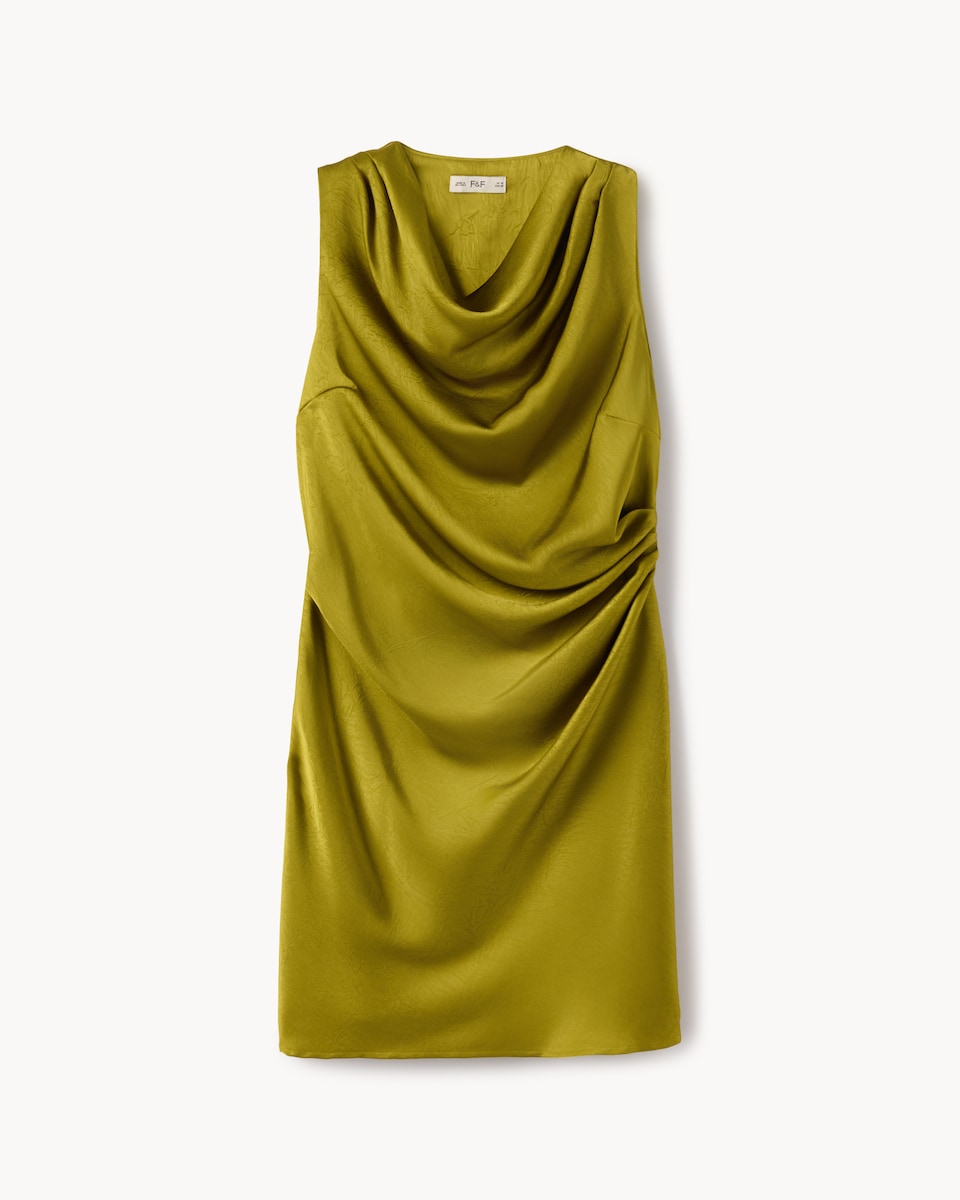 image 1 of F&F Satin Cowl Neck Mini Dress in Green