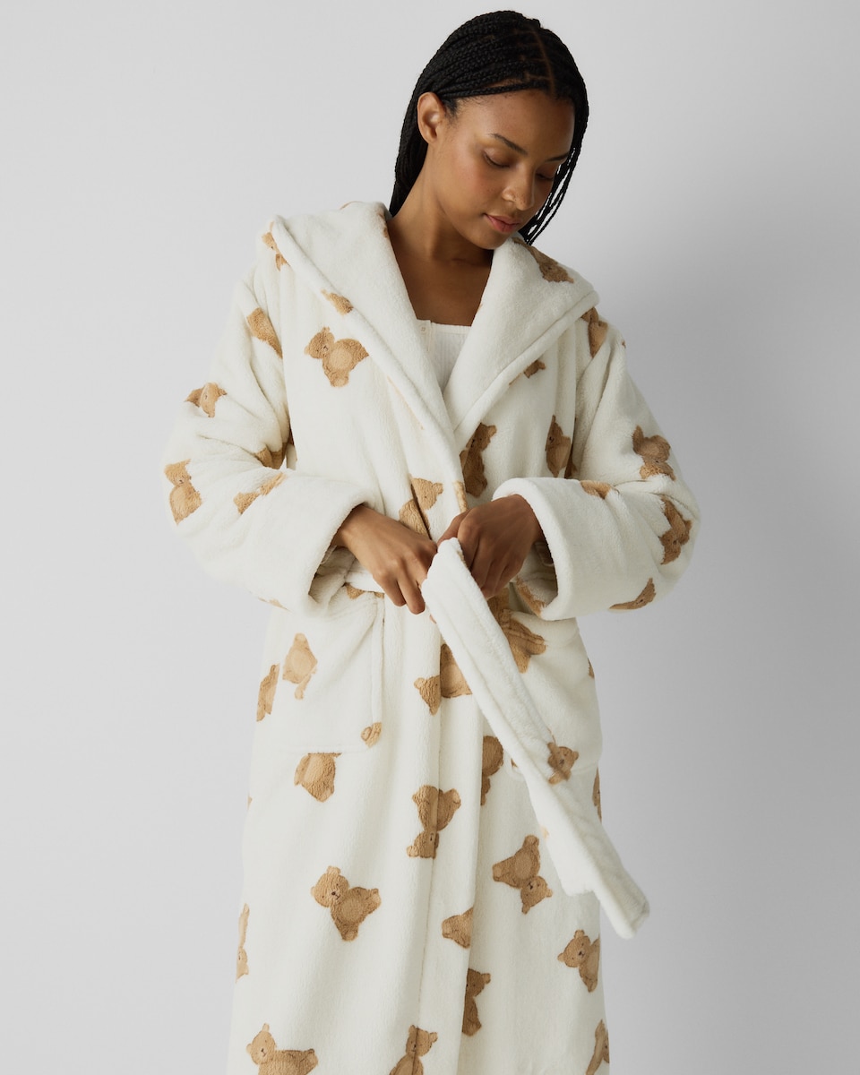image 1 of F&F Fleece Teddy Hooded Dressing Gown in Cream
