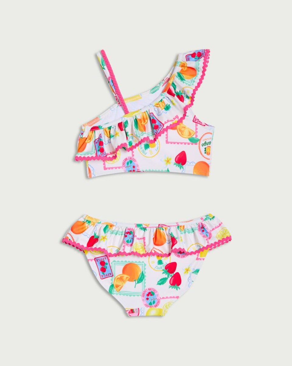 image 1 of F&F Girls 2-Piece Fruit Print Ruffle Trim Bikini Set in White