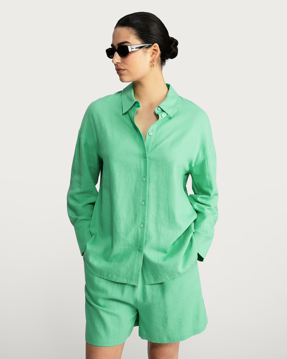 image 1 of F&F Oversized Button Up Shirt with Linen in Green