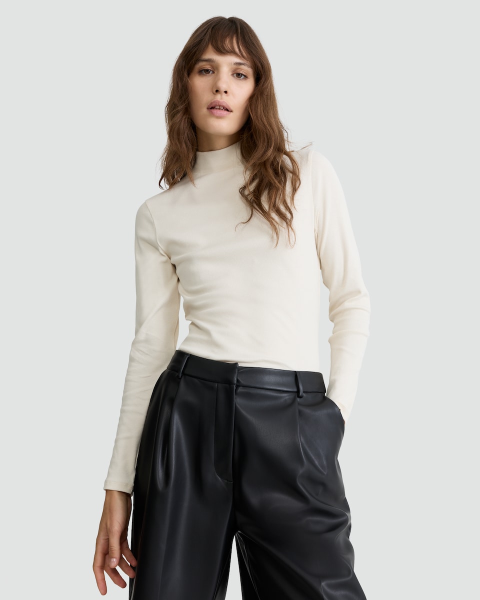 image 1 of F&F Cotton Rich Ribbed High Neck Long Sleeved Top in Cream