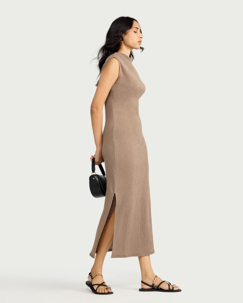 image 1 of F&F Textured Sleeveless Maxi Dress in Tan