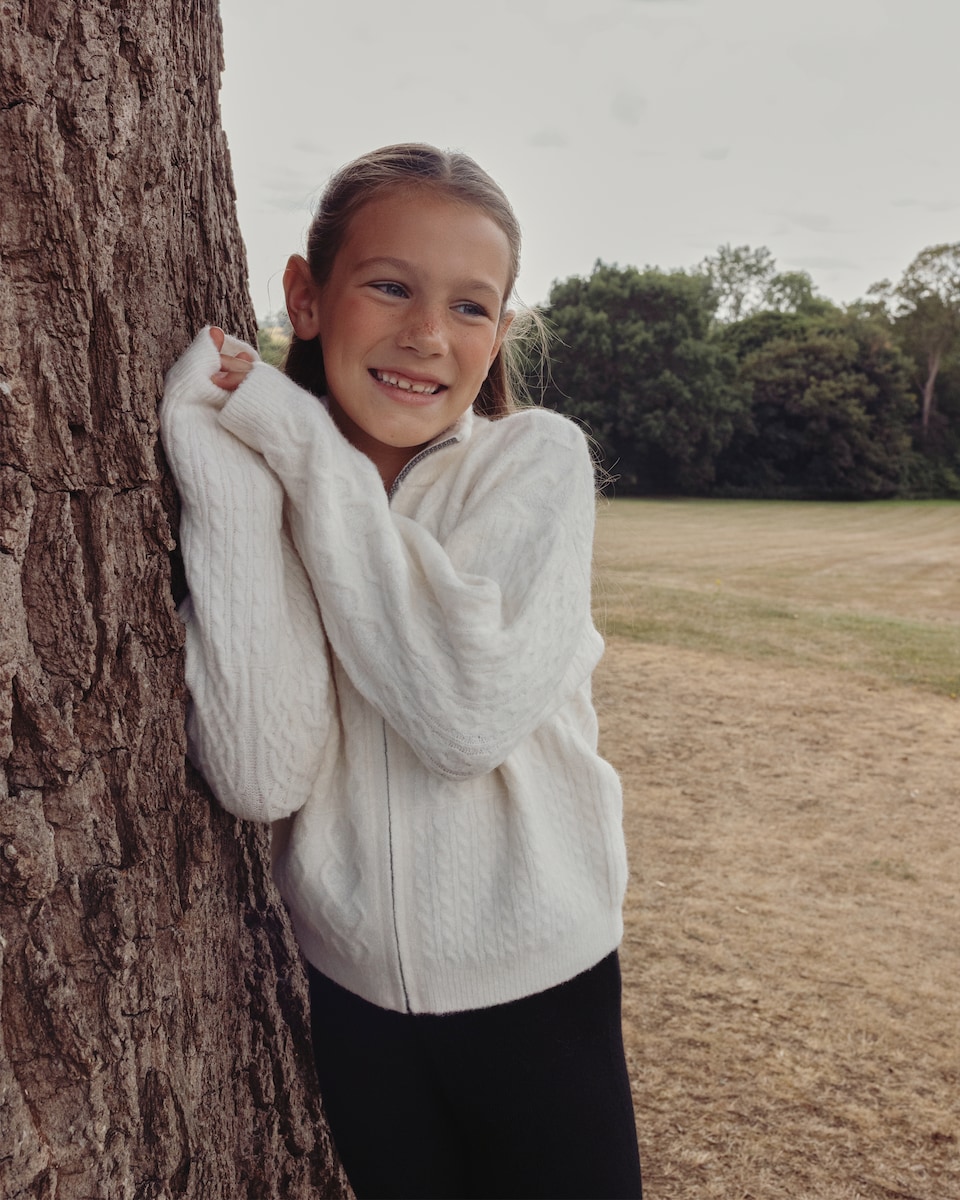 image 1 of F&F x Samantha Faiers Cable Knit Zip Jacket in Cream