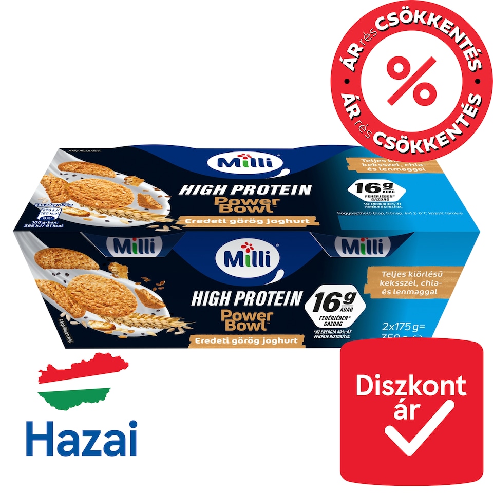 Milli Power Bowl Low-Fat Original Greek Cream Yogurt with Whole Grain Crackers 2 x 175 g (350 g)