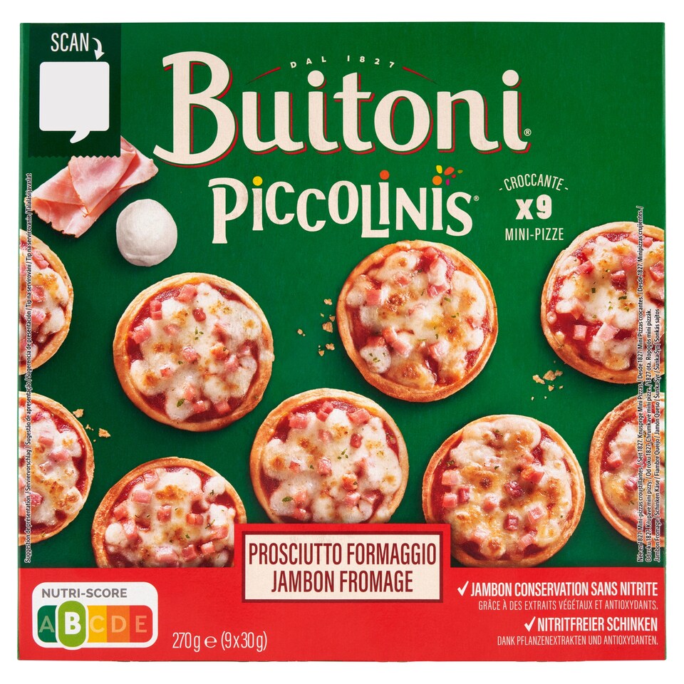 Buitoni Picolinis gyorsfagyasztott mini pizza sajttal és füstölt, főtt sonkával 9 x 30 g (270 g)  1. kép