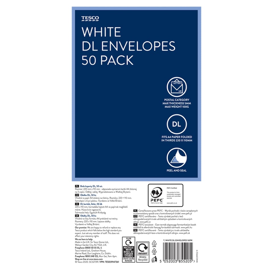 Tesco White DL Envelopes 50Pk