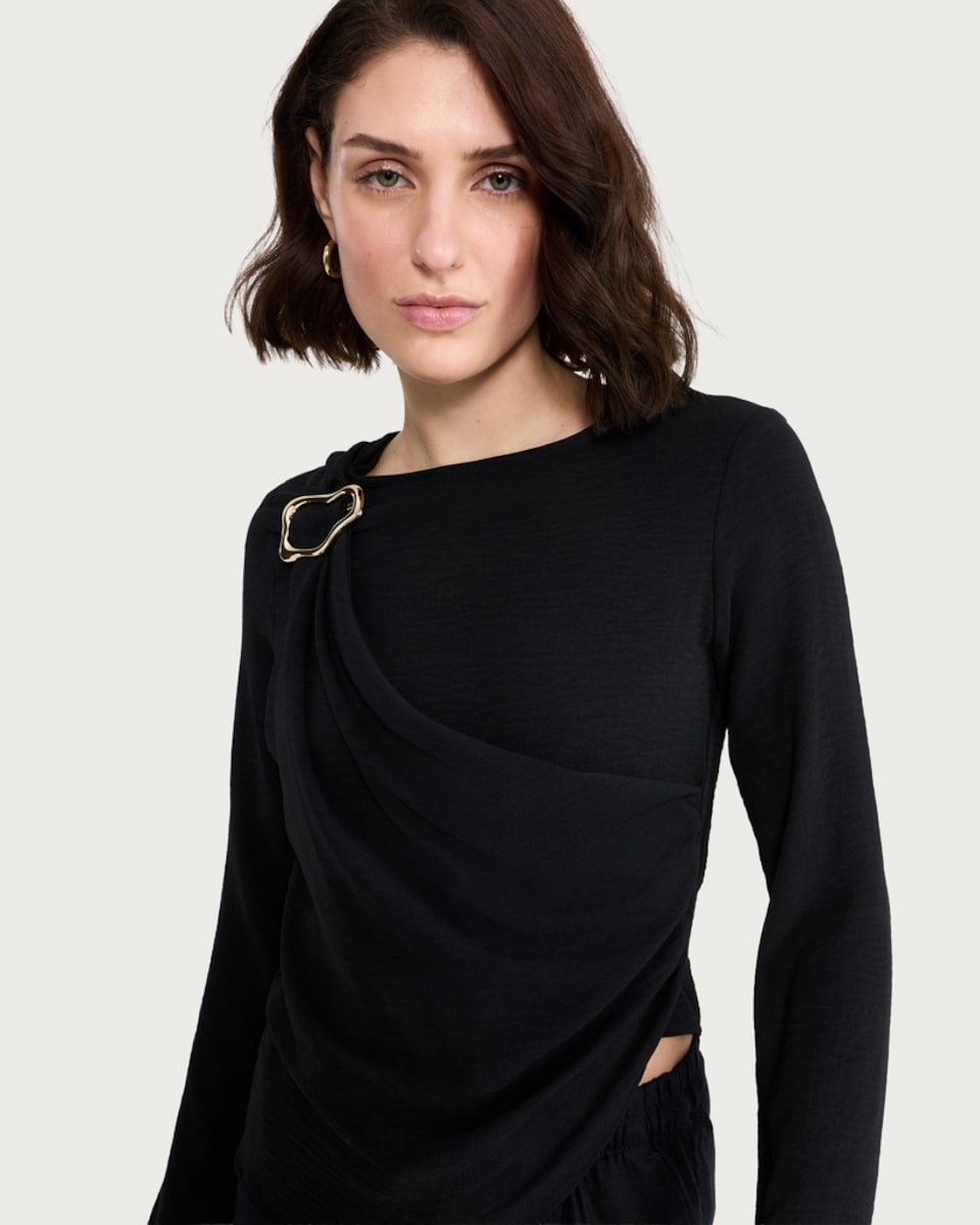 image 1 of F&F Draped Metal Buckle Long Sleeved Co-ord Top in Black