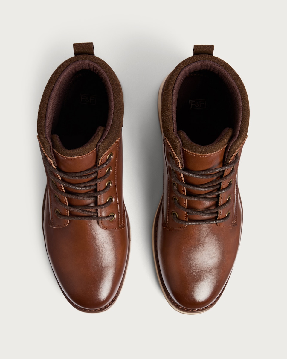 image 1 of F&F Faux Leather Lace Up Ankle Boots in Brown