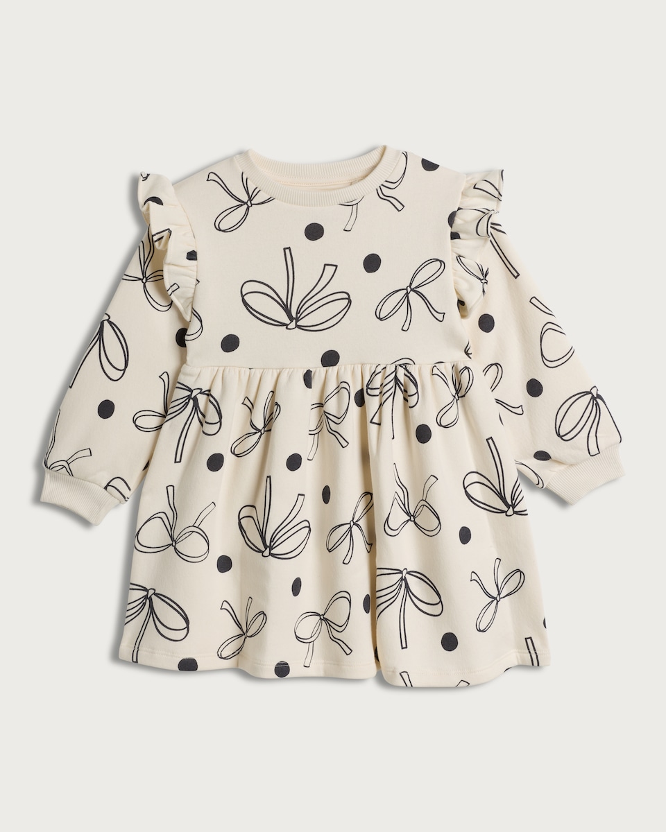 F&F Girls Cotton Rich Bow Print Long Sleeved Sweater Dress in Multi Black White