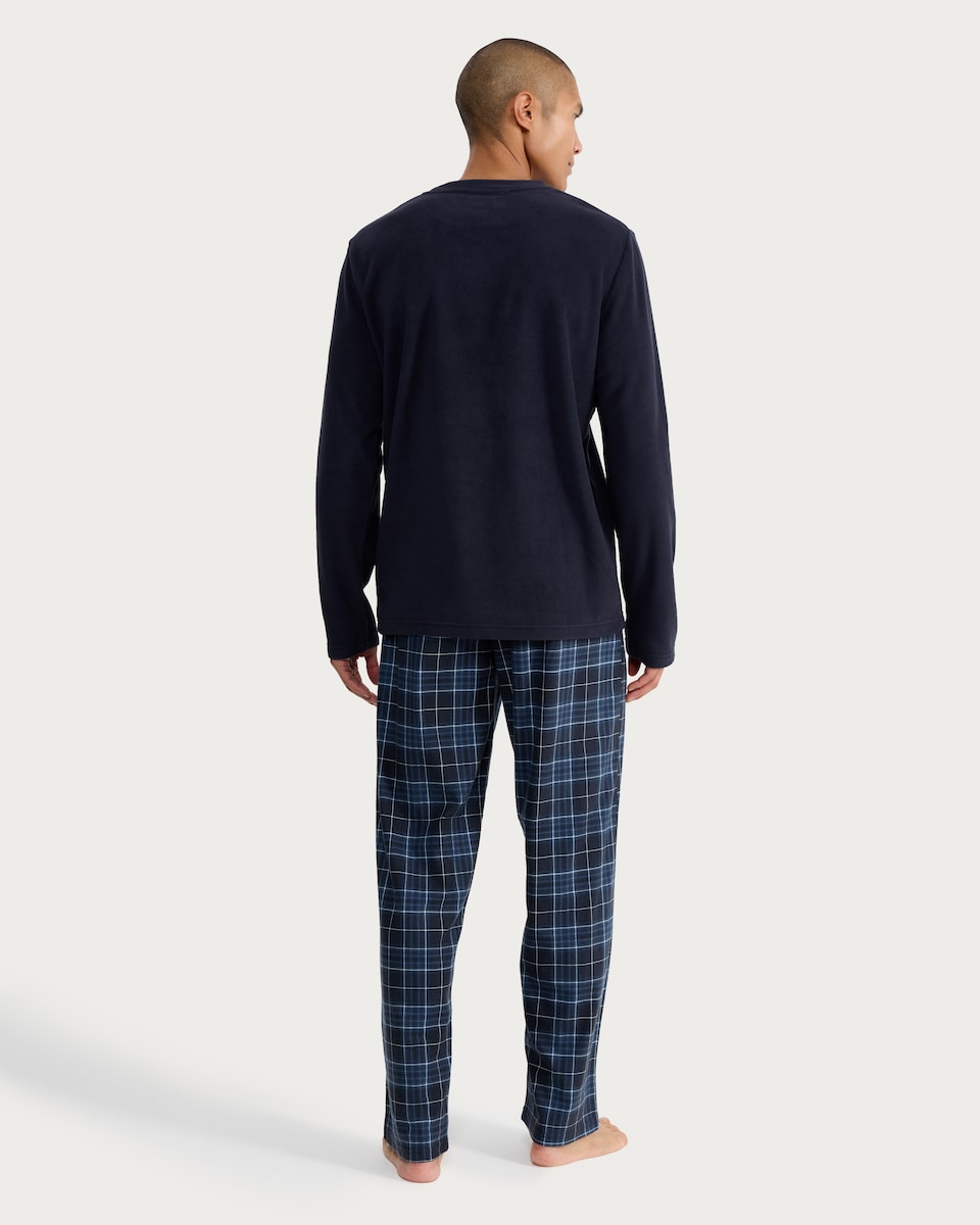 image 1 of F&F Fleece Long Sleeved Top and Check Bottoms Pyjama Set in Navy
