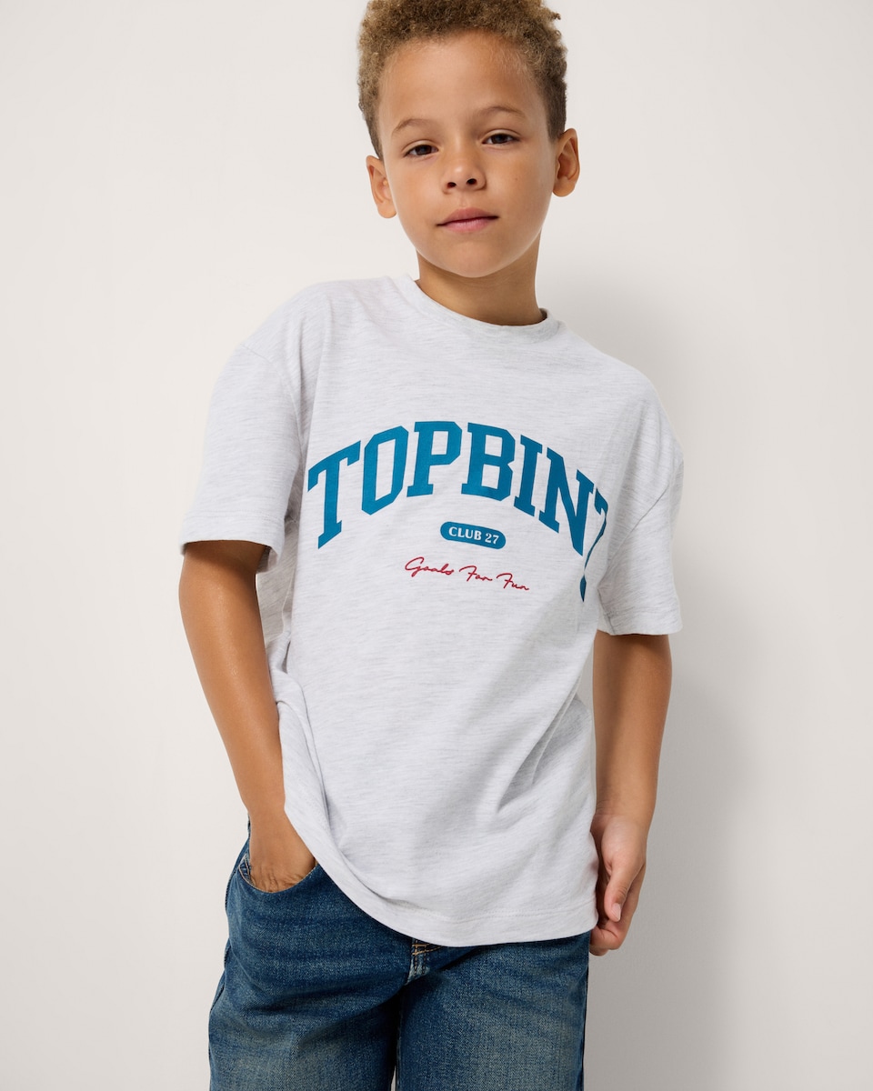 image 1 of F&F Boys Cotton Blend Slogan T-Shirt in Grey Marl