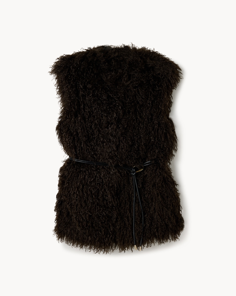 image 1 of F&F Crinkle Faux Fur Gilet in Brown