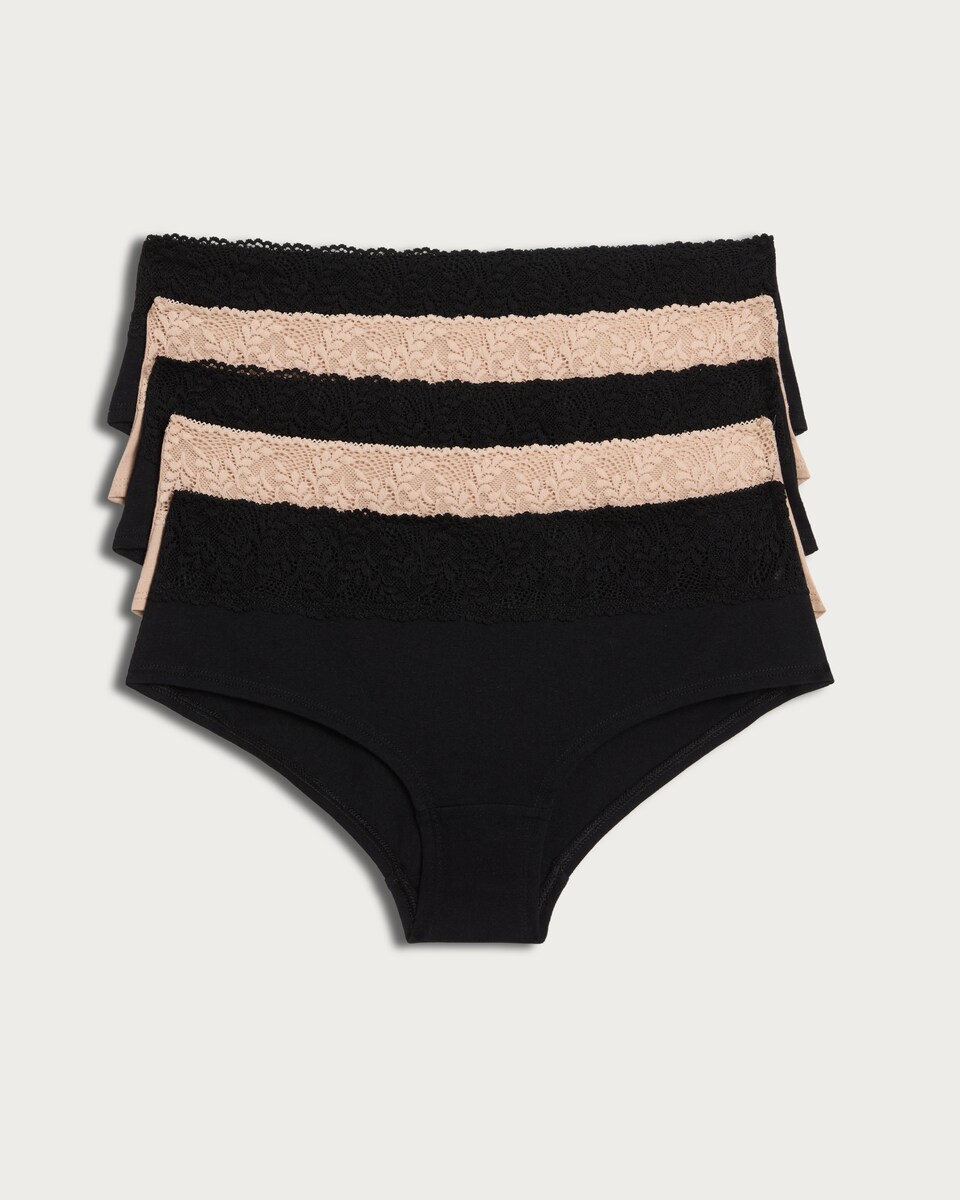 image 1 of F&F 5-Pack Cotton Rich Lace Trim High Leg Knickers in Nude