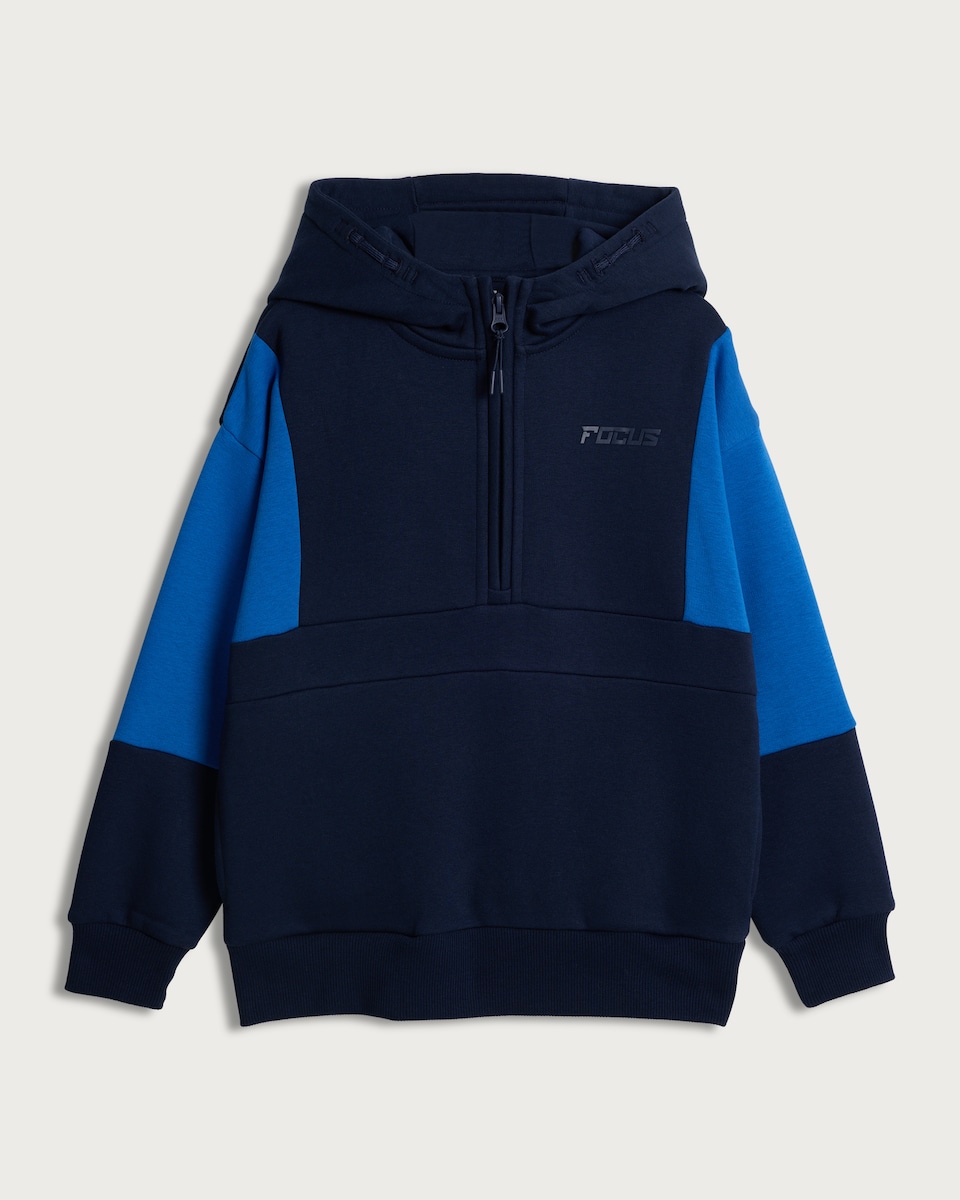 image 1 of F&F Boys Cotton Rich Colour Block Half Zip Hoodie in Navy