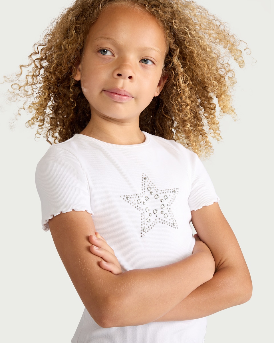 image 1 of F&F Girls Cotton Rich Star Embellished T-Shirt in White
