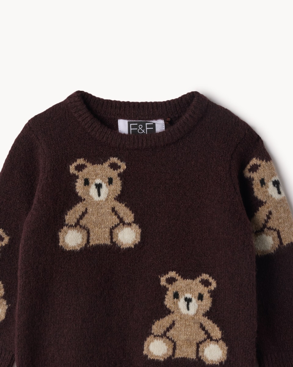 image 1 of F&F Baby Knitted Teddy Jumper and Leggings Set in Brown
