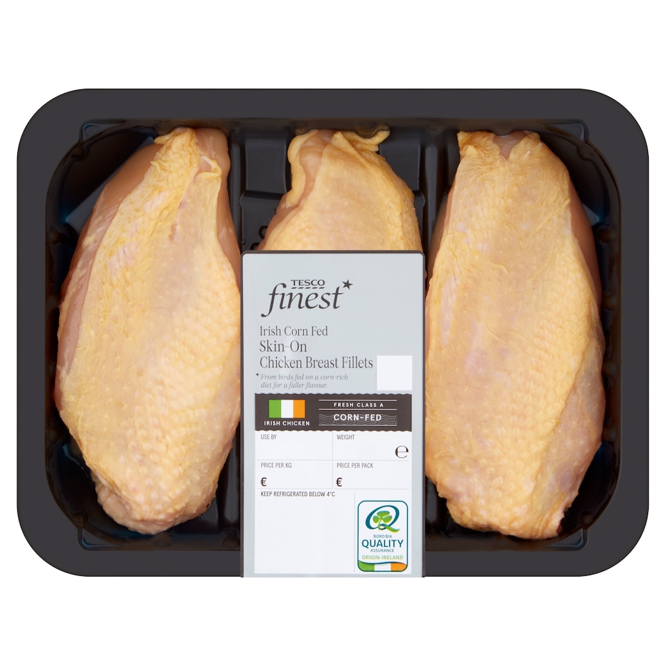 Tesco Finest Irish Cornfed Skin On Chicken Breast Fillets 490G