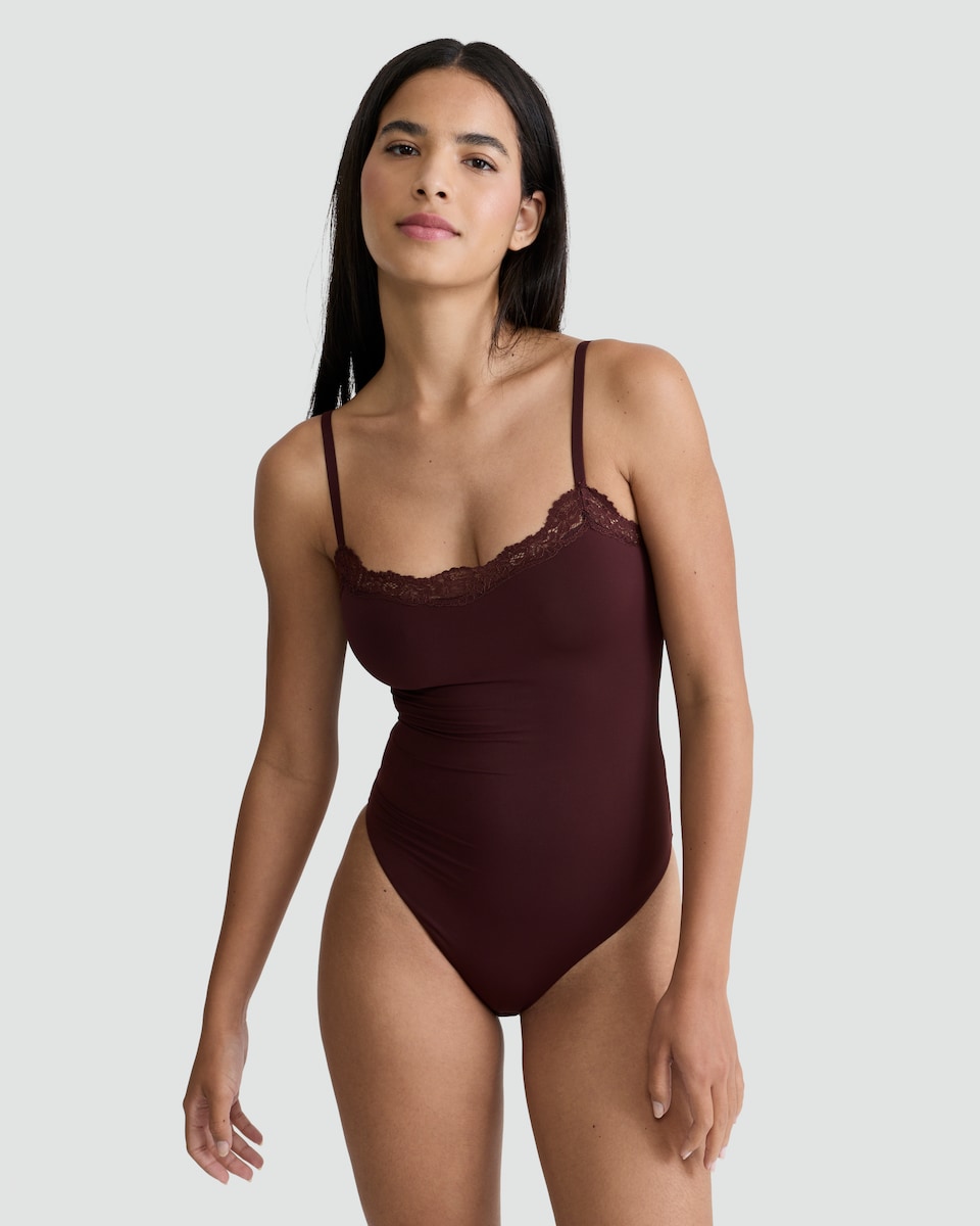 image 1 of F&F Contour Strappy Lace Trim Bodysuit in Purple
