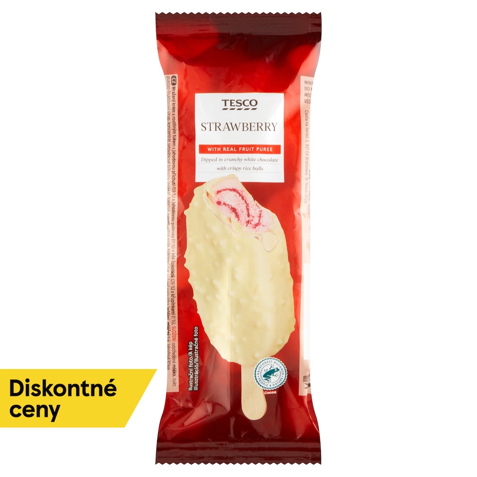 Tesco Mrazený krém s jahodovou príchuťou v bielej čokoláde 120 ml