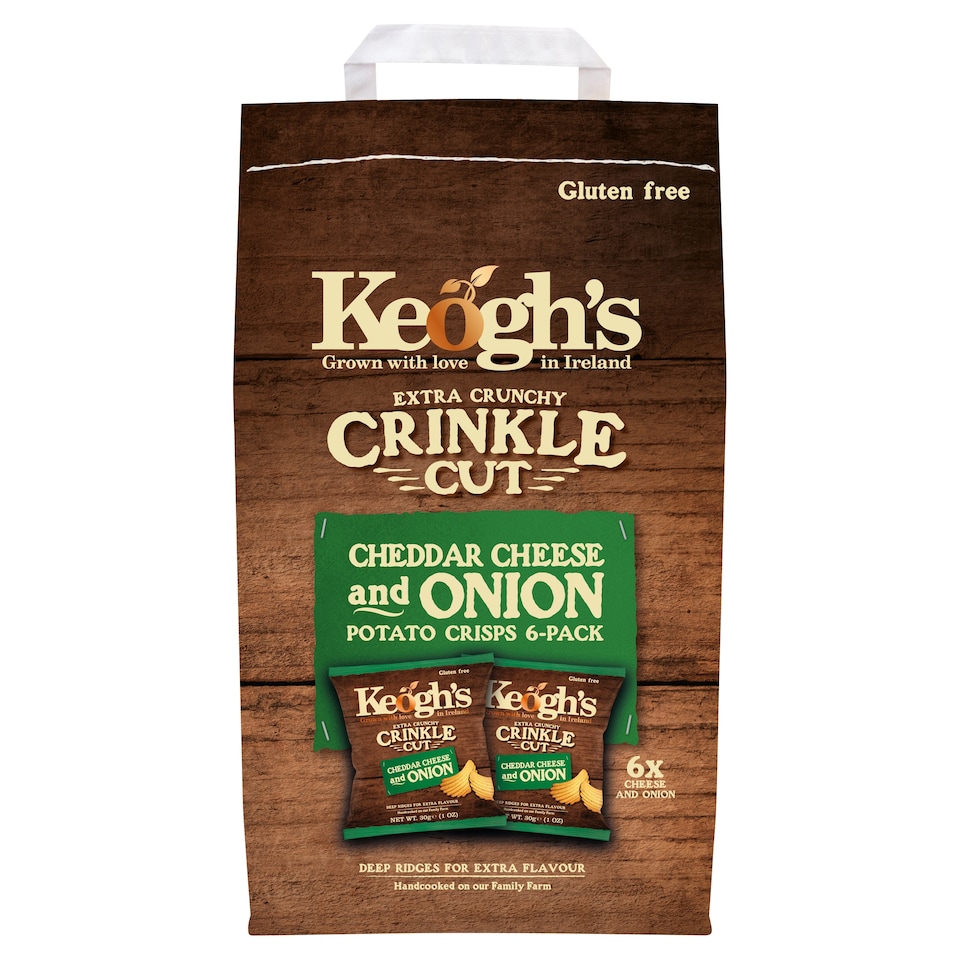 Keoghs Crinkle Cut Chedder Cheese And Onin Crisps 6 Pack 180G