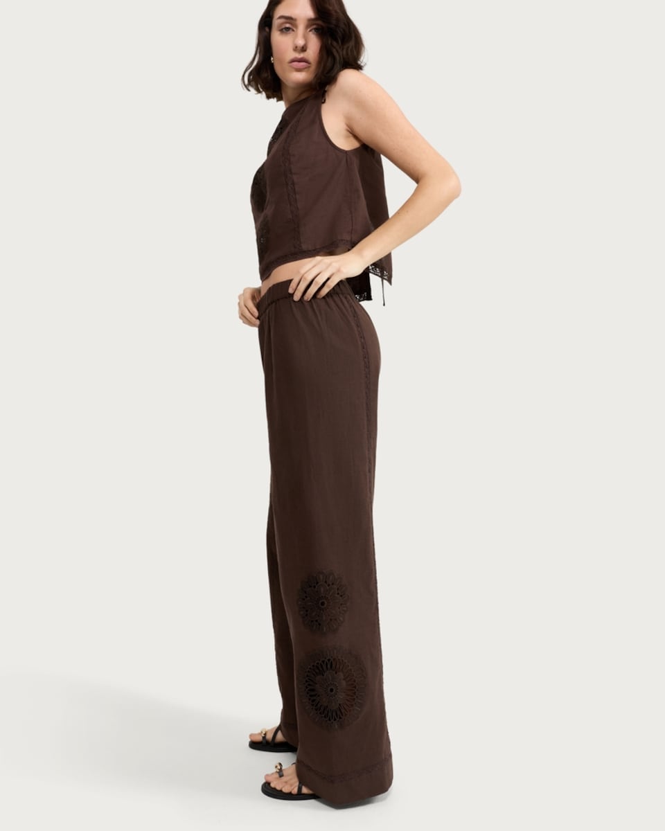 image 1 of F&F Cotton Rich Embroidered Wide Leg Co-ord Beach Trousers in Brown