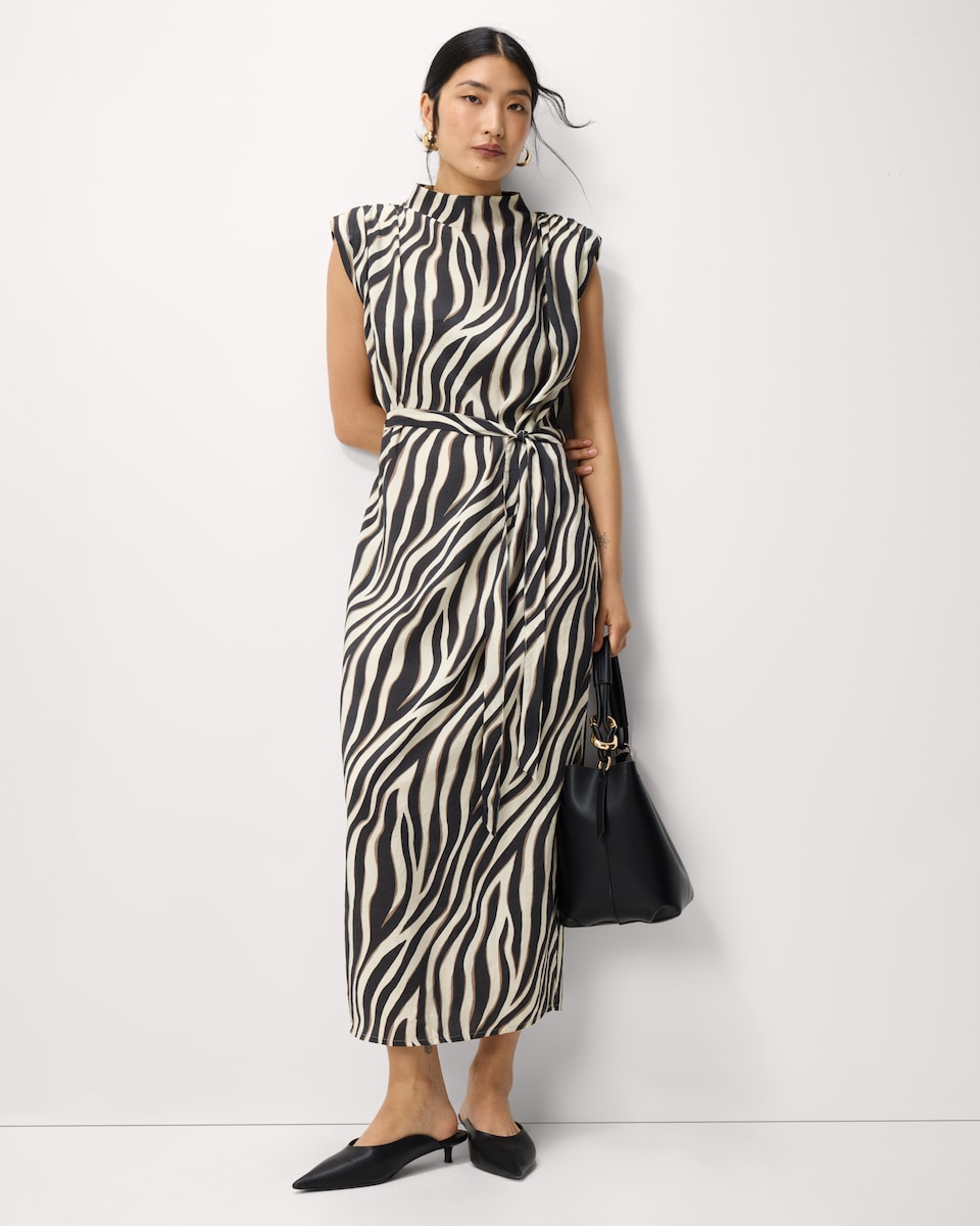 image 1 of F&F Zebra Print Tie Waist Sleeveless Midi Dress in Multi Brown