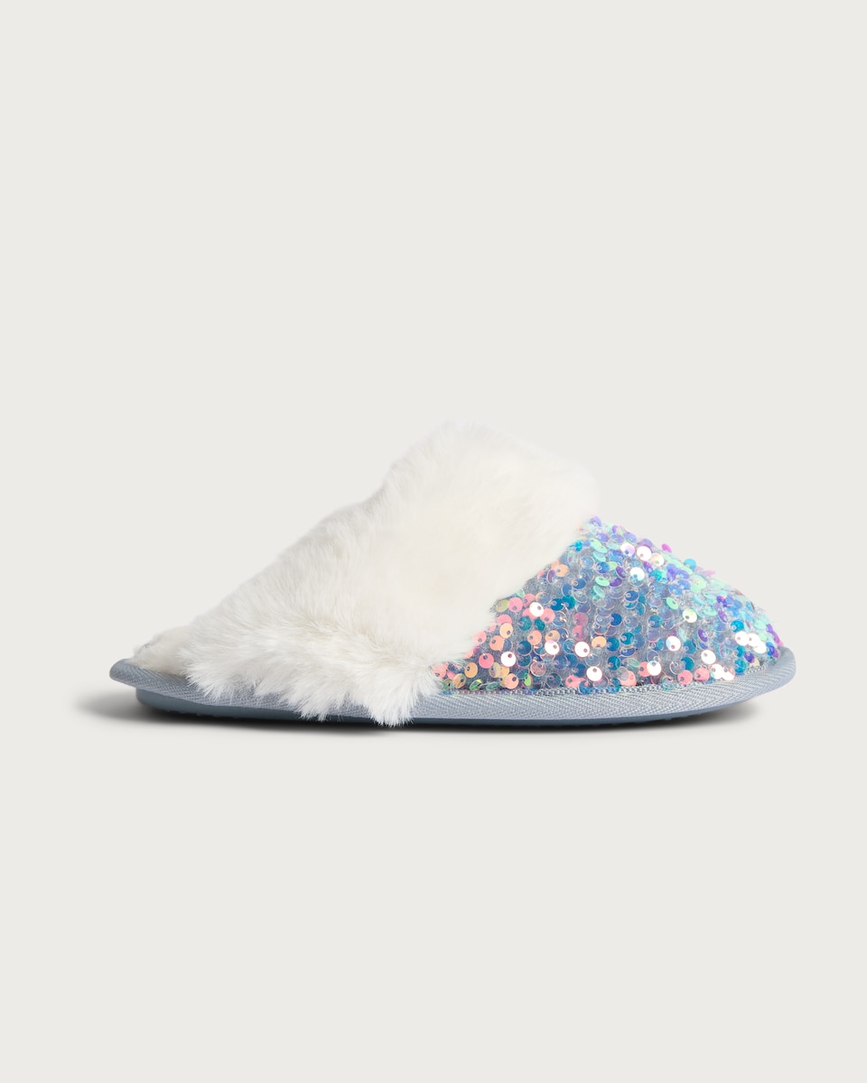 image 1 of F&F Girls Sequin Faux Fur Trim Mule Slippers in Blue