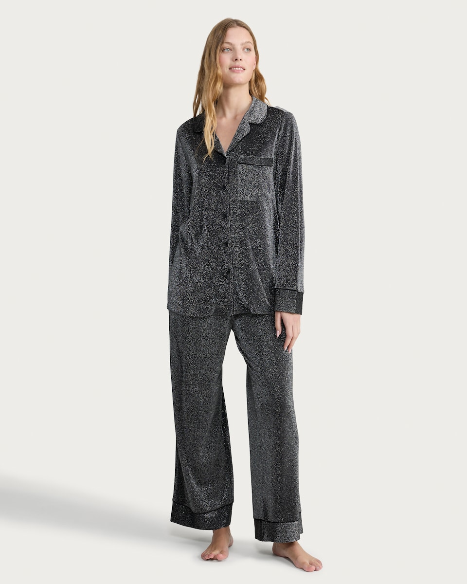 image 1 of F&F Shimmer Textured Shirt and Bottoms Pyjama Set in Grey