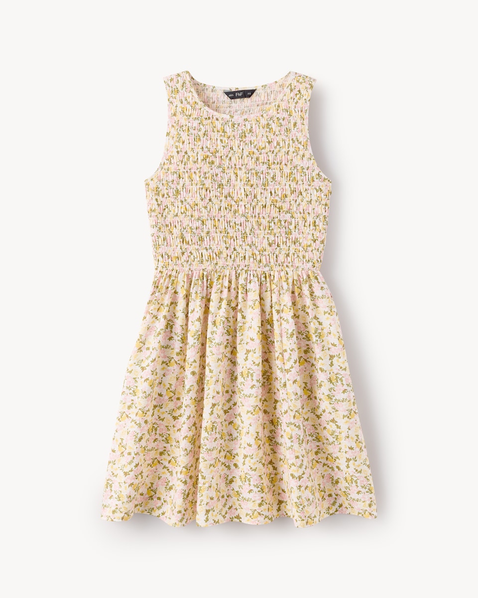 image 1 of F&F Shirred Sleeveless Mini Dress in Multi