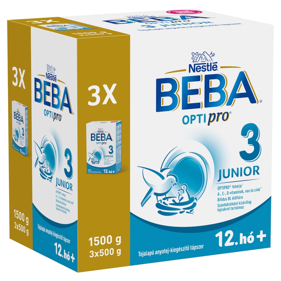 Beba Optipro 3 Junior tejalapú anyatej-kiegészítő tápszer 12. hó+ 3 x 500 g (1500 g)  1. kép