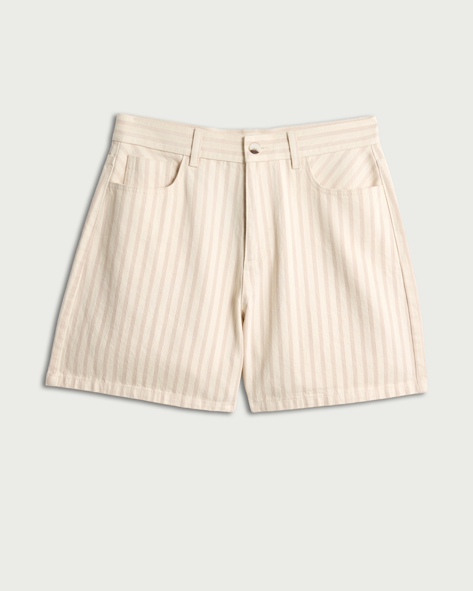 image 1 of F&F Pure Cotton Striped Denim Shorts in Tan