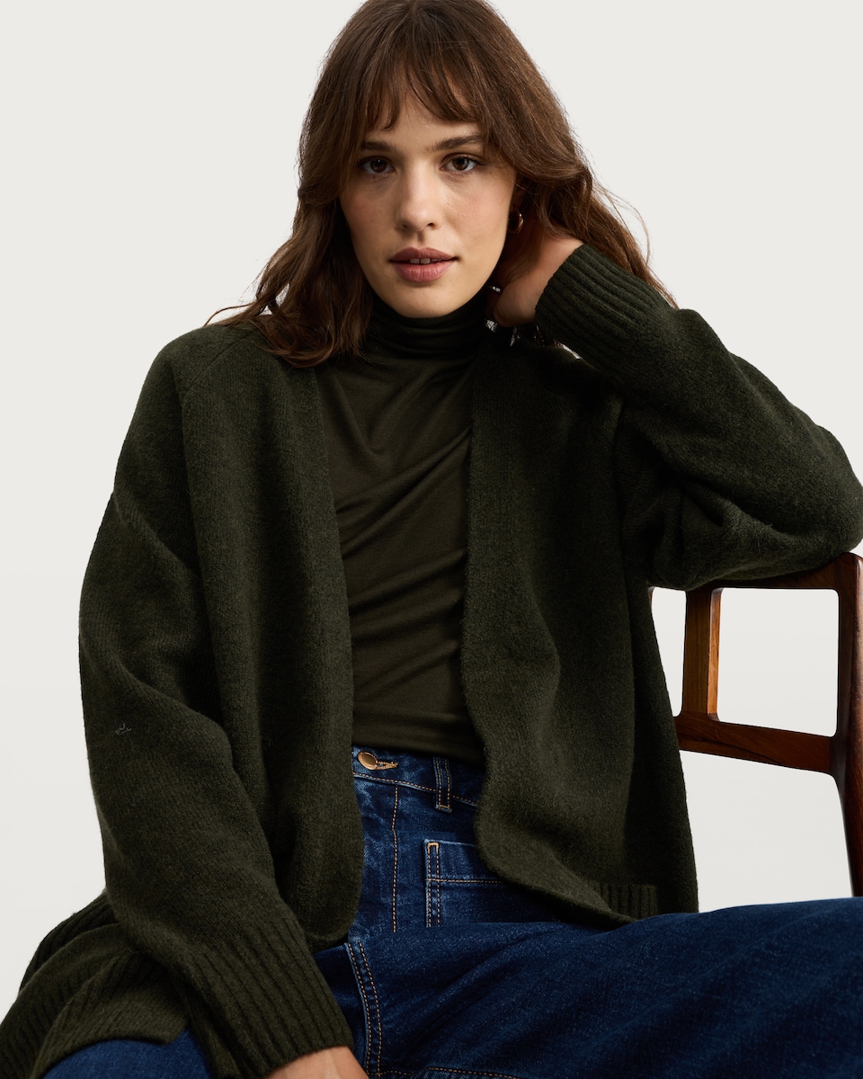 image 1 of F&F Patch Pocket Open Front Cardigan with Wool in Khaki