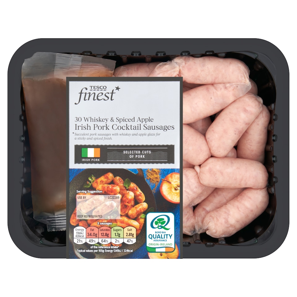 Tesco Finest 30 Whiskey Spiced Apple Irish Pork Cocktail Sausages 500g