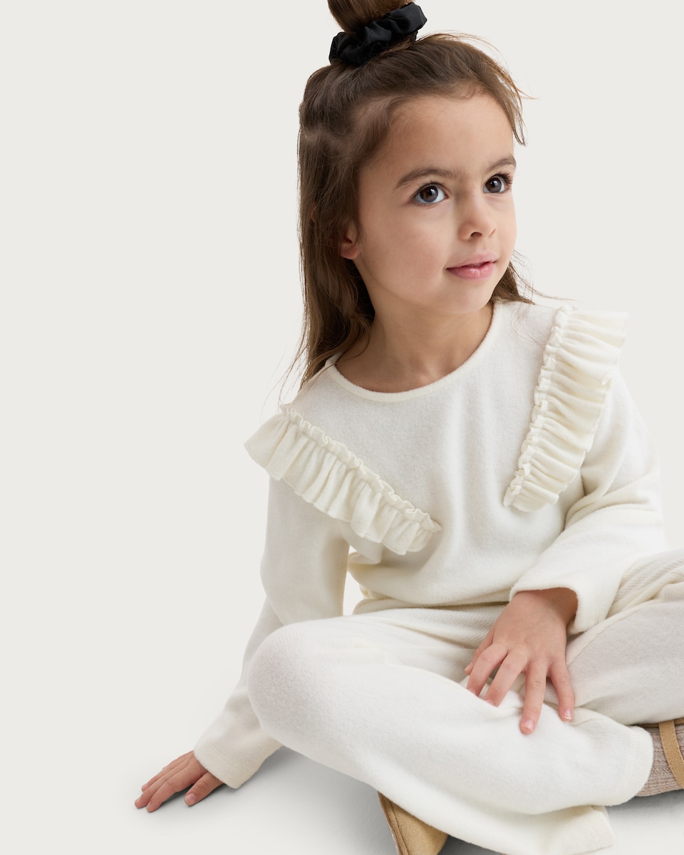 image 1 of F&F Girls 2-Piece Textured Ruffle Top and Flared Leggings Set in Cream