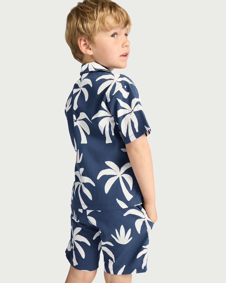 image 1 of F&F Boys 2-Piece Cotton Rich Palm Print Shirt and Shorts Set in Navy