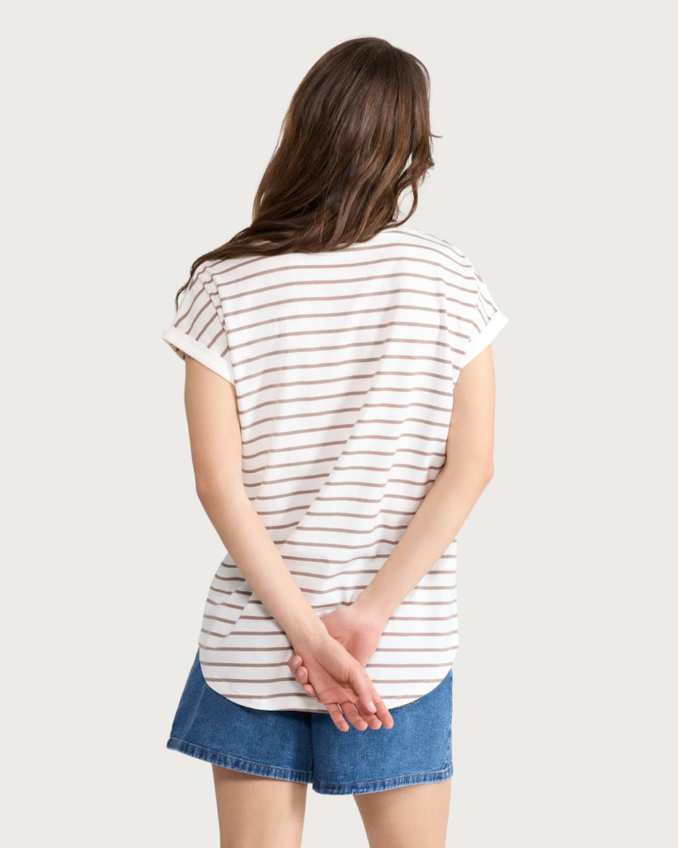 image 1 of F&F Pure Cotton Striped T-Shirt in Multi Brown