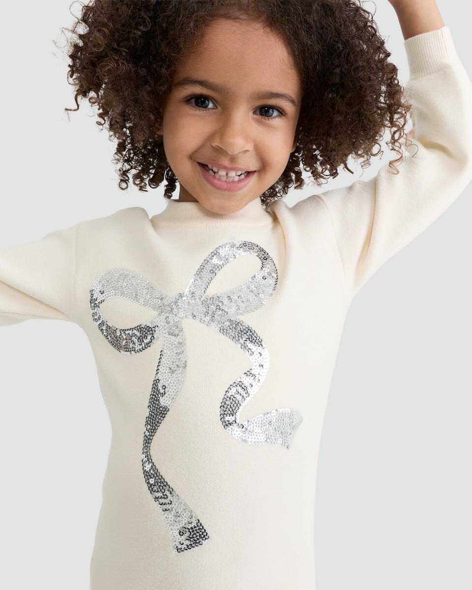 image 1 of F&F Girls Sequin Bow Jumper Dress in Cream