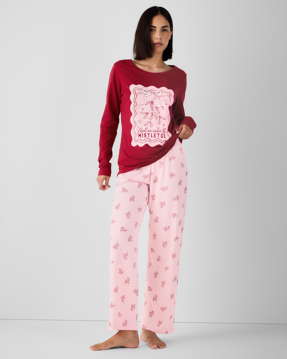 image 1 of Christmas Pure Cotton Mistletoe Top and Bottoms Pyjama Set in Multi Pink