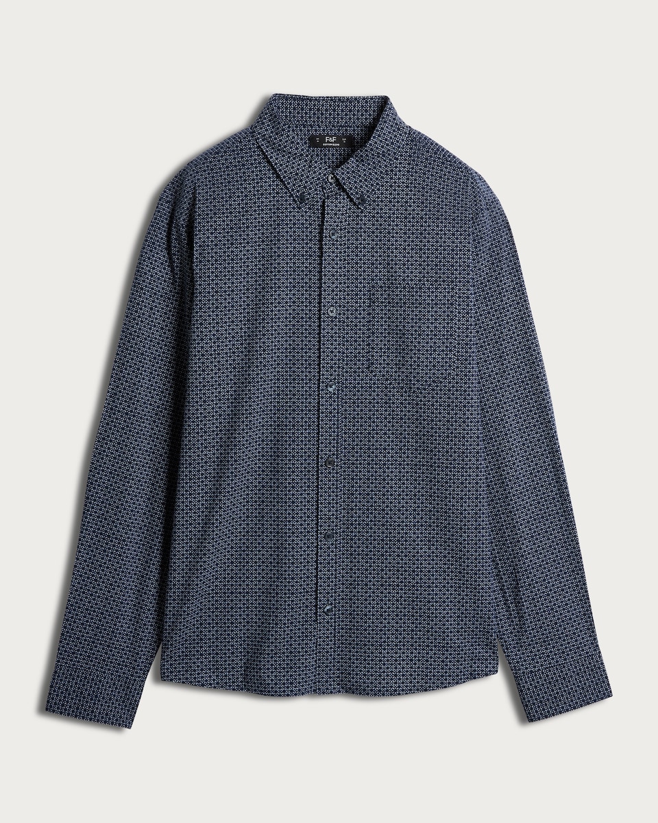 image 1 of F&F Cotton Rich Geometric Print Long Sleeved Shirt in Navy